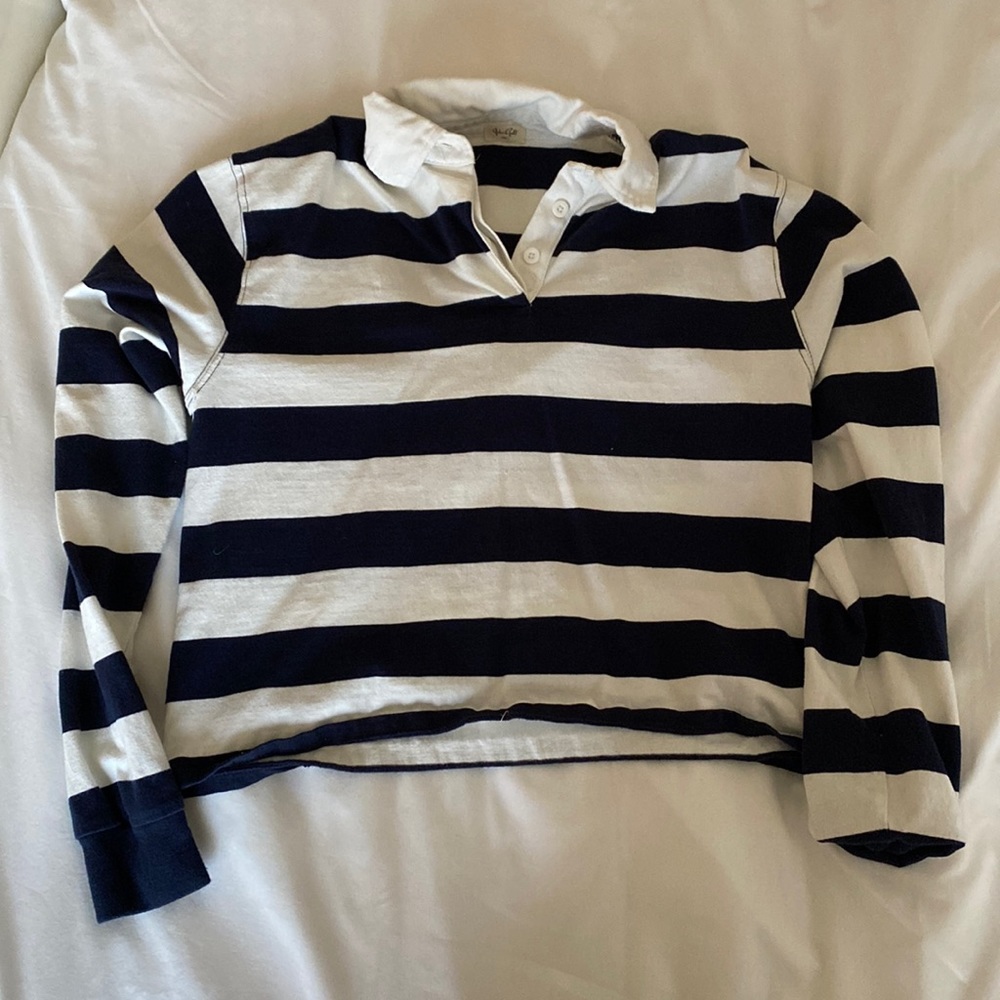 Brandy Melville Navy Blue and White Striped Polo Cropped Shirt With Collar